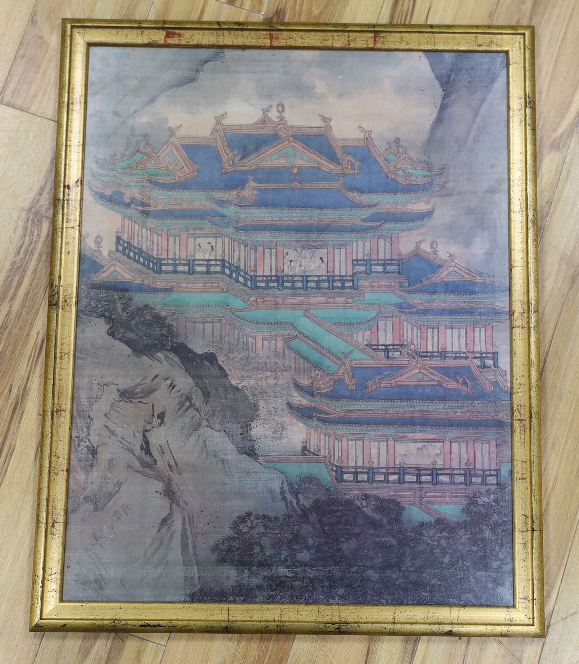 A Chinese colour print of figures and pagodas, 77 x 60cm